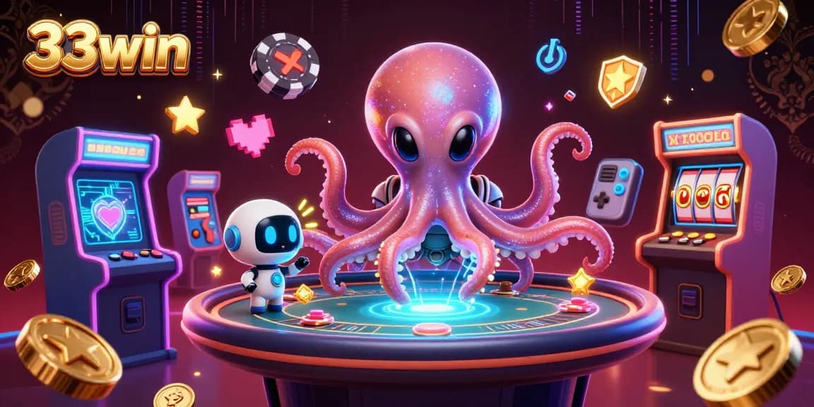 Engage with unique games at 33win, featuring 3D octopus playing poker with vibrant cosmic elements.