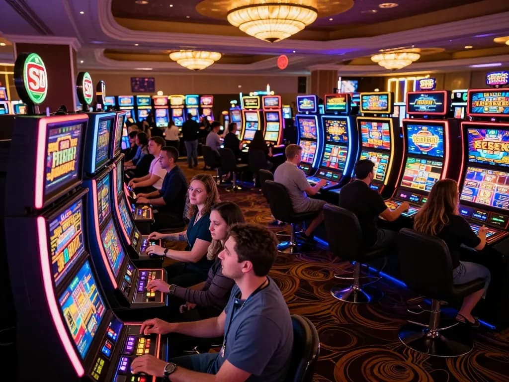 Exciting casino scene with players engaged in vibrant slot machines at mm88, showcasing dynamic gaming atmosphere