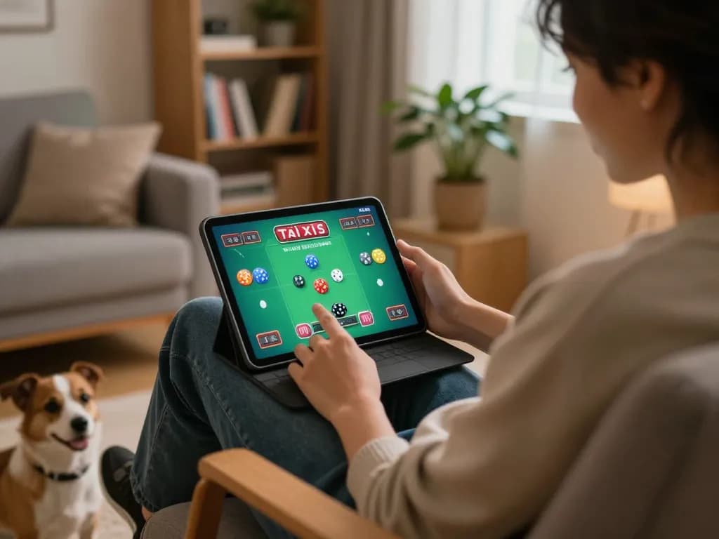 Tài xỉu online gaming in a cozy home setting with a person engaged on a tablet.