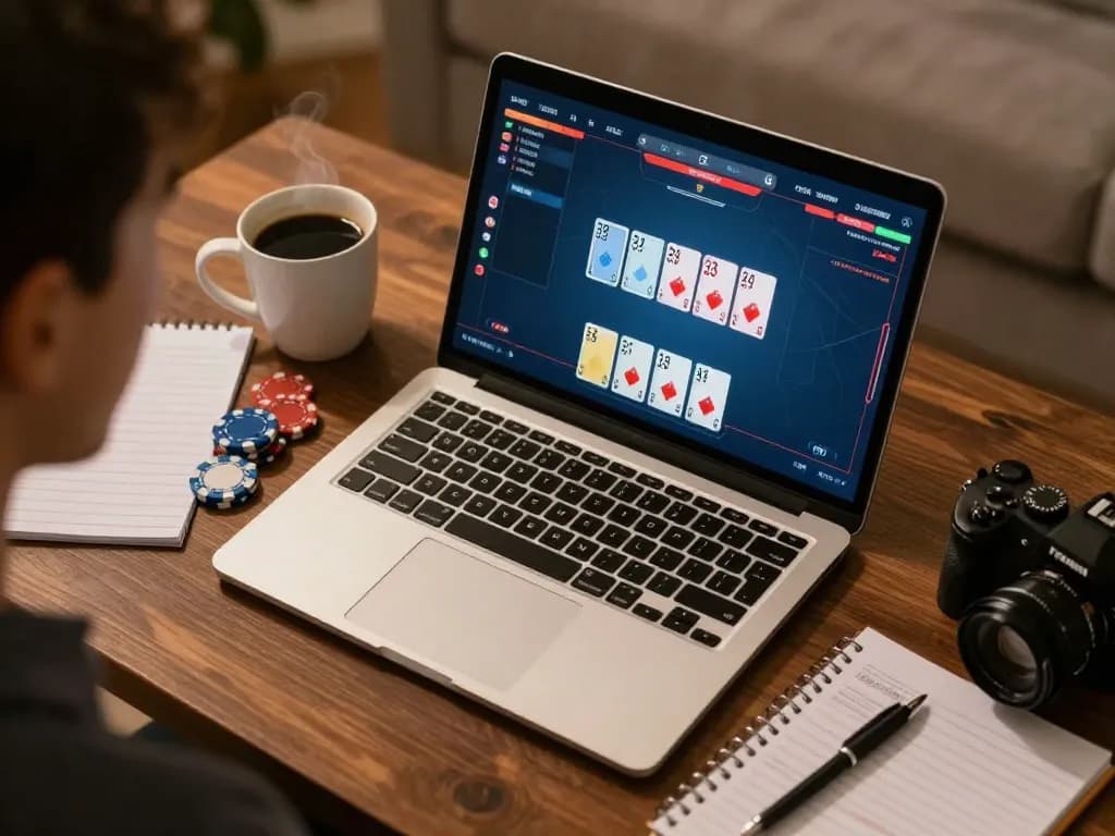 Player engaging in online poker at home using webnk88 platform with a cozy setup and game interface visible.