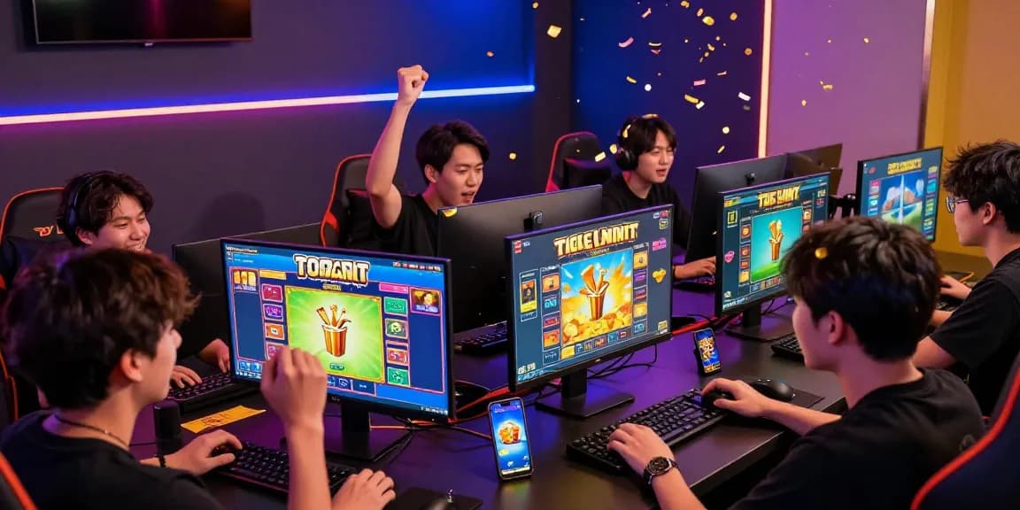 Players engaging in togel online gaming, celebrating wins in a vibrant environment.