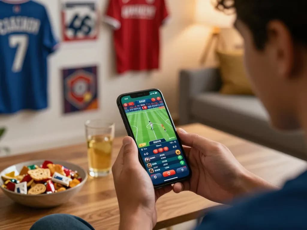 Player enjoying tr88 sports betting on smartphone in cozy home setup with snacks