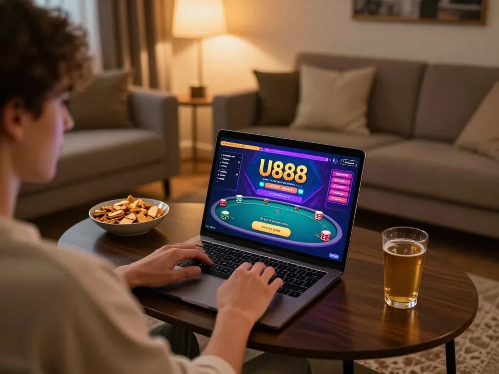 Player engaging with U888's online poker platform on a laptop in a cozy home setting.