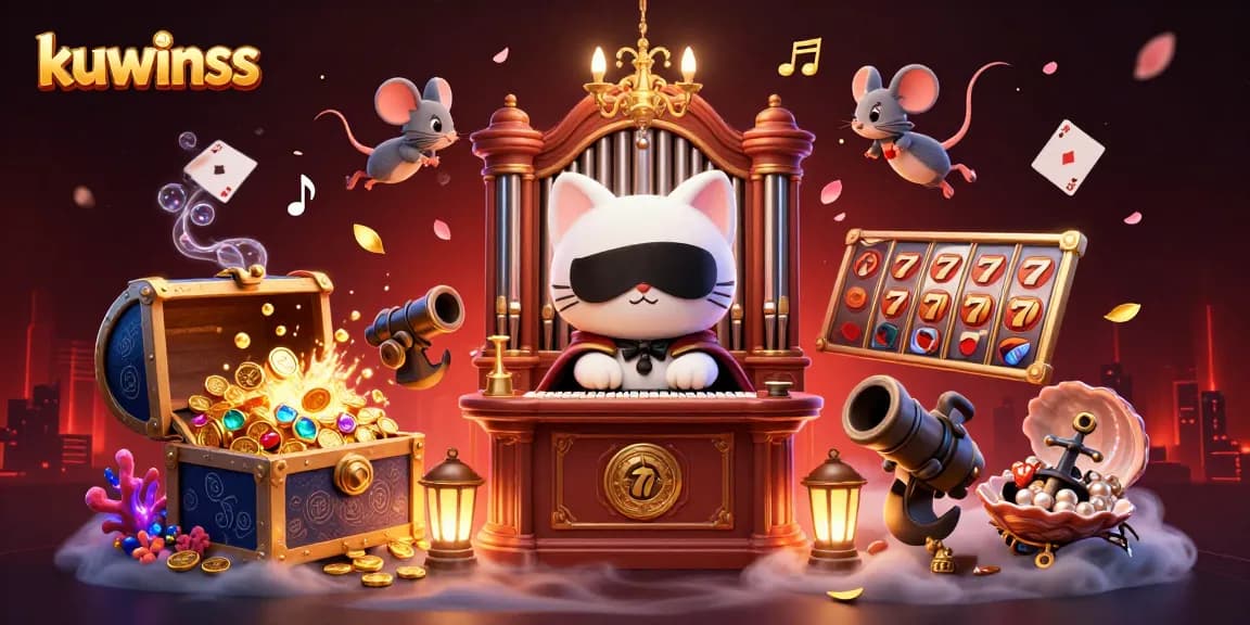 Kuwinss captures the excitement of online slots with dynamic characters and vivid casino elements in a vibrant digital illustration.