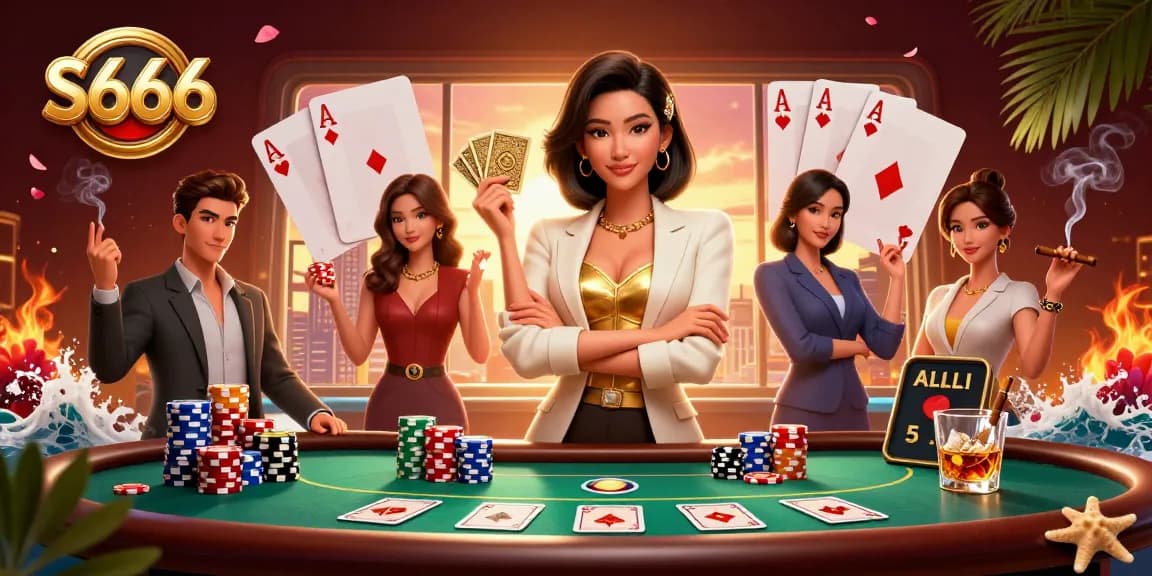 S666 Casino illustration featuring an Asian woman holding cards with vibrant casino elements.
