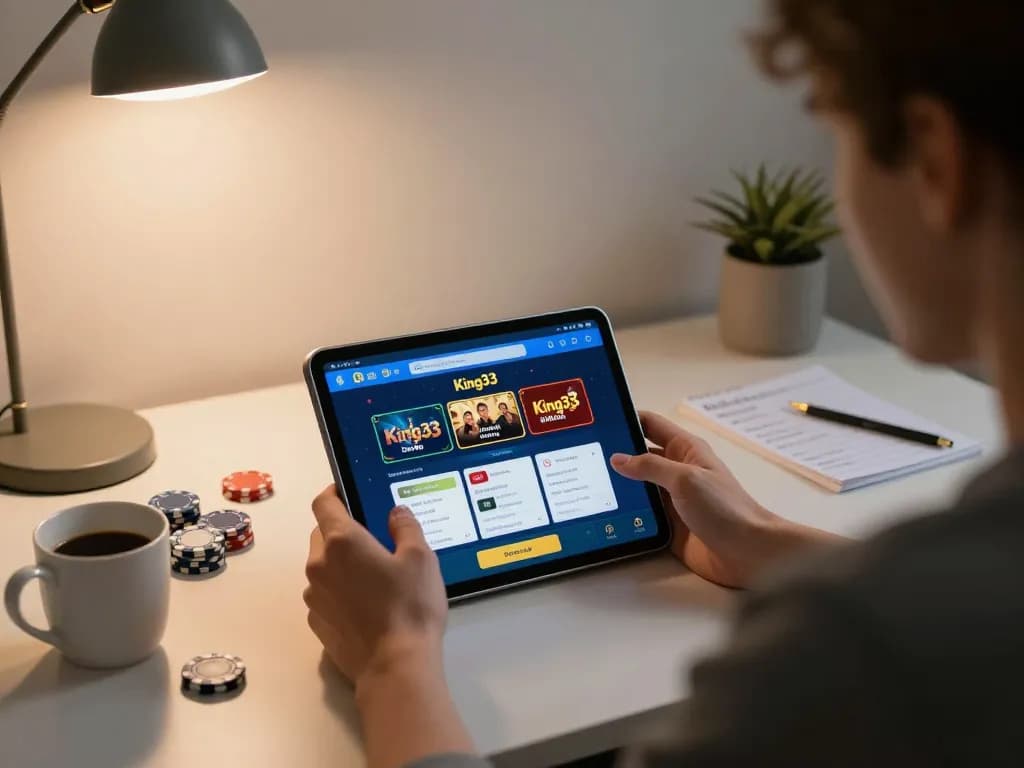 Engage with King33 casino app in a cozy home gaming setup.