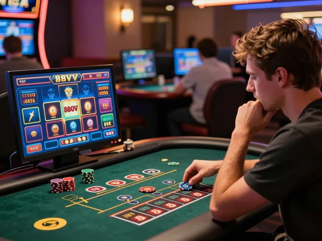 88vv player immersed in an online casino experience while analyzing betting strategies on a vibrant gaming interface