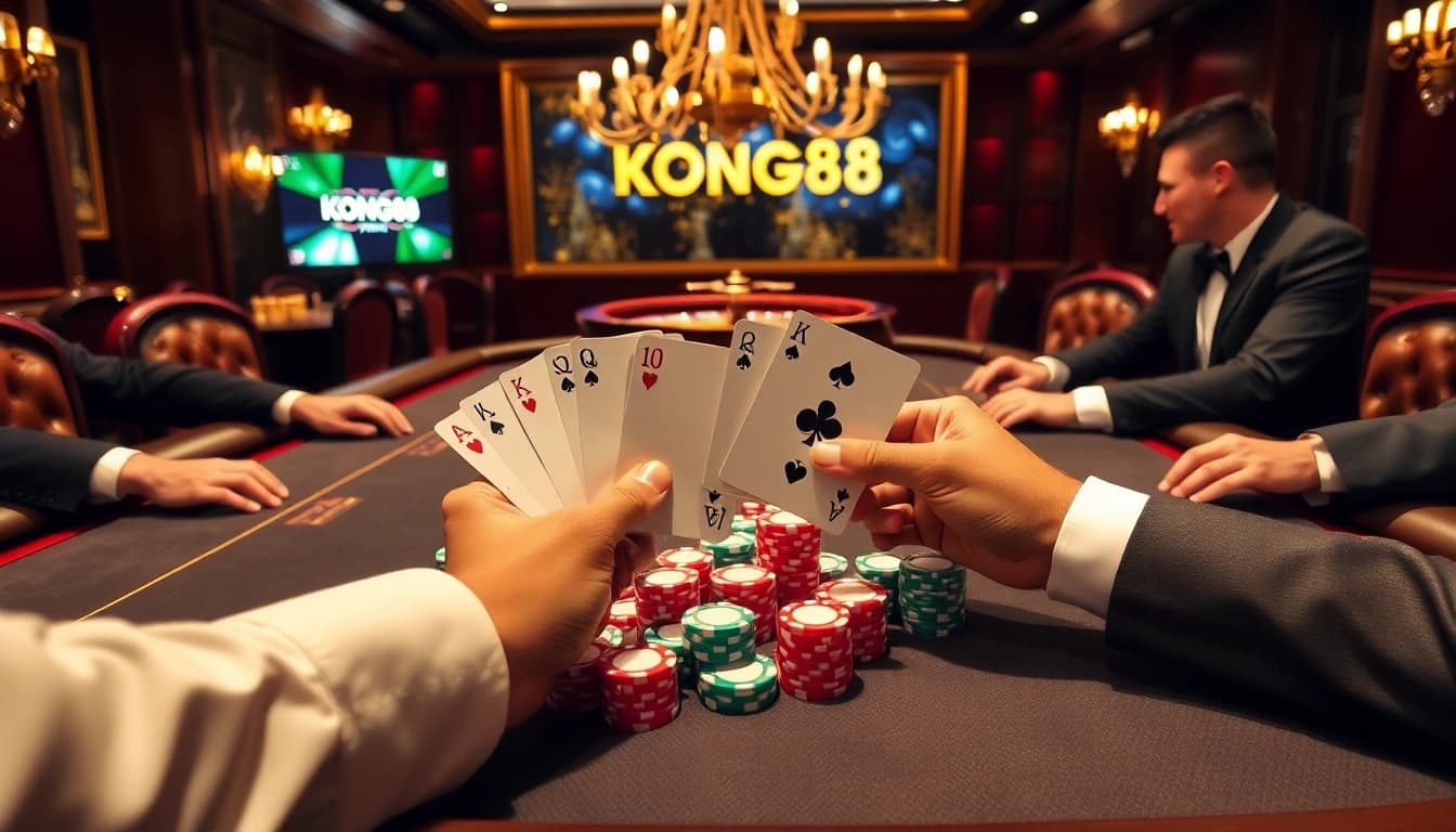 KONG88 elevates the experience at a high-stakes poker table with vibrant chips and captivating gameplay.