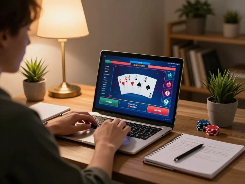 Player engaged in online pg88 gaming with poker cards and notes in a cozy home setting