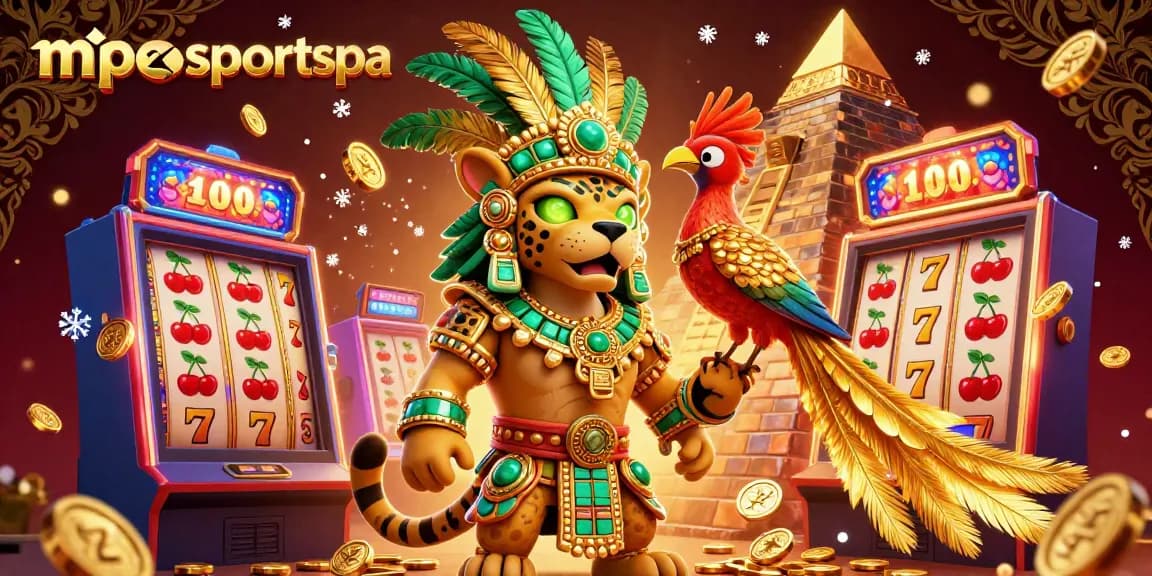 Putar dan menang dengan mposportspa dalam adegan permainan slot yang cerah ini yang menampilkan mesin berwarna-warni dan koin.