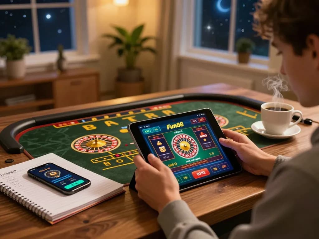 Player enjoying online gaming on Fun88 app with tablet, cozy home atmosphere