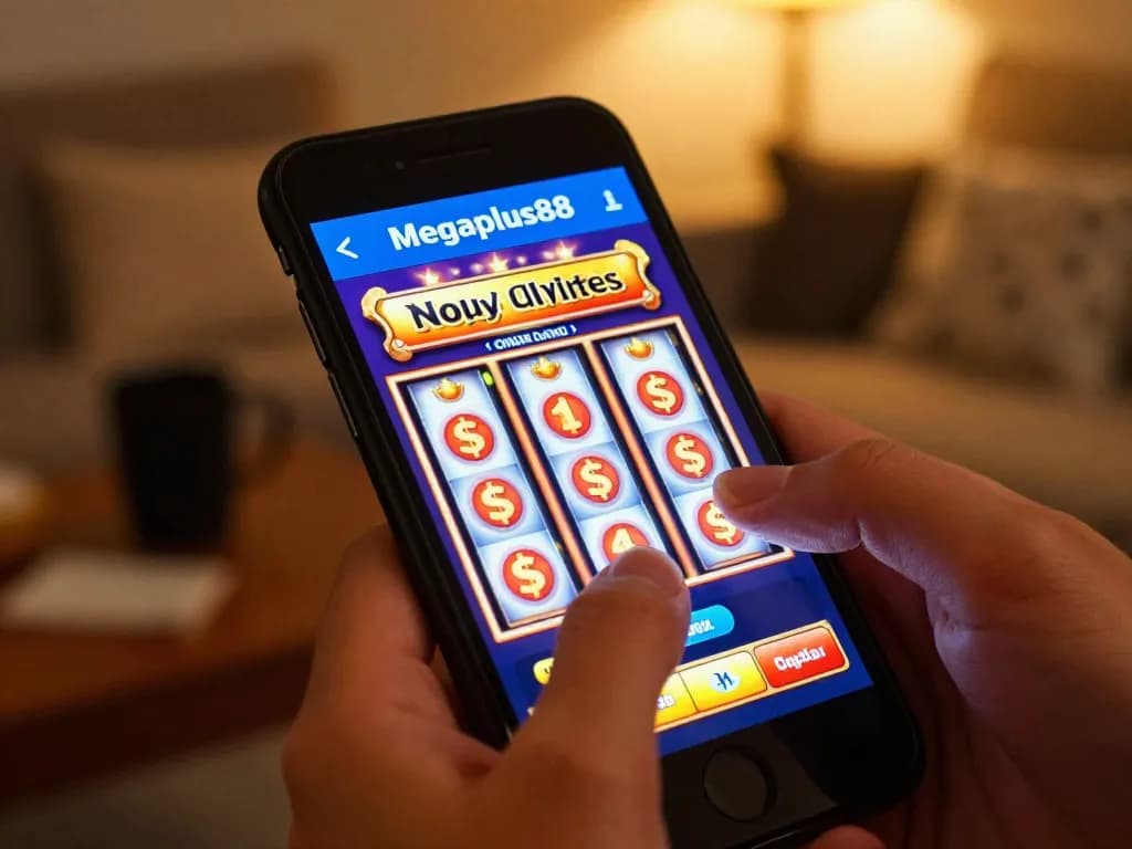 Engaging gameplay on the megaplus88 app showcasing vibrant slot reels on a smartphone.
