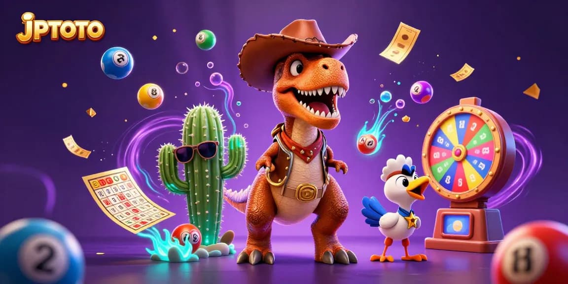Experience exciting gambling with JPTOTO, featuring animated characters and vibrant casino elements.