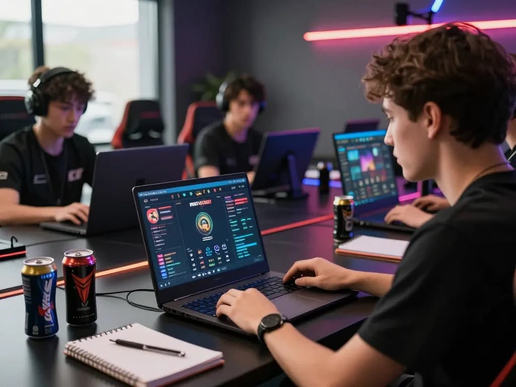 Engaged gamer analyzing TR88 esports betting strategies on laptop in a modern gaming setup.