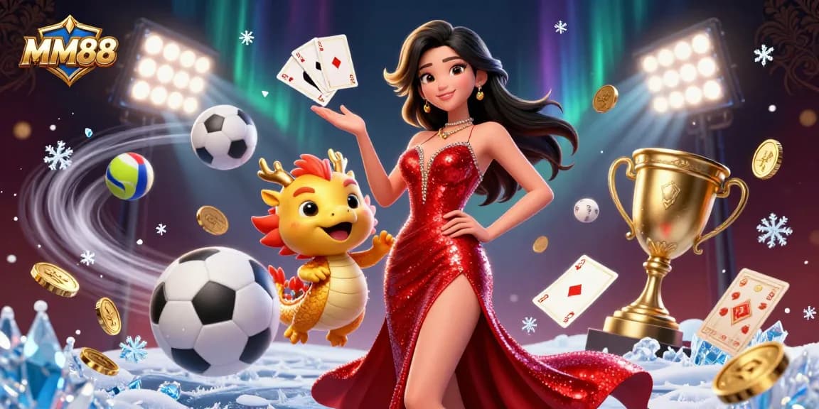 MM88 promotes excitement with a stunning Asian woman and golden dragon amidst vibrant casino elements.