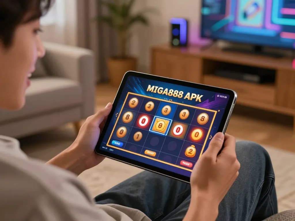 Playing Mega888 APK on a tablet shows excitement as winning combinations appear.
