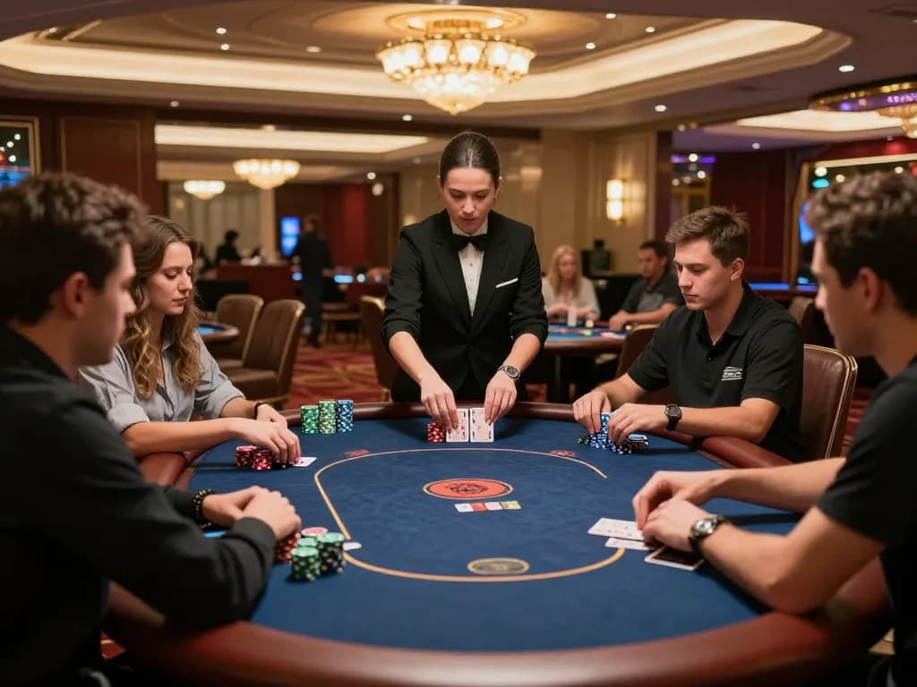 Engaged players at the mb66 poker table in a luxury casino's VIP area showcasing high-stakes gameplay.