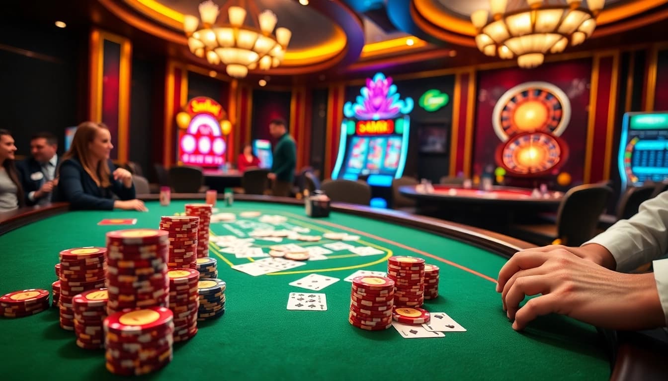 Engaging players enjoying a lively game at Sam86 casino, showcasing poker chips and cards.