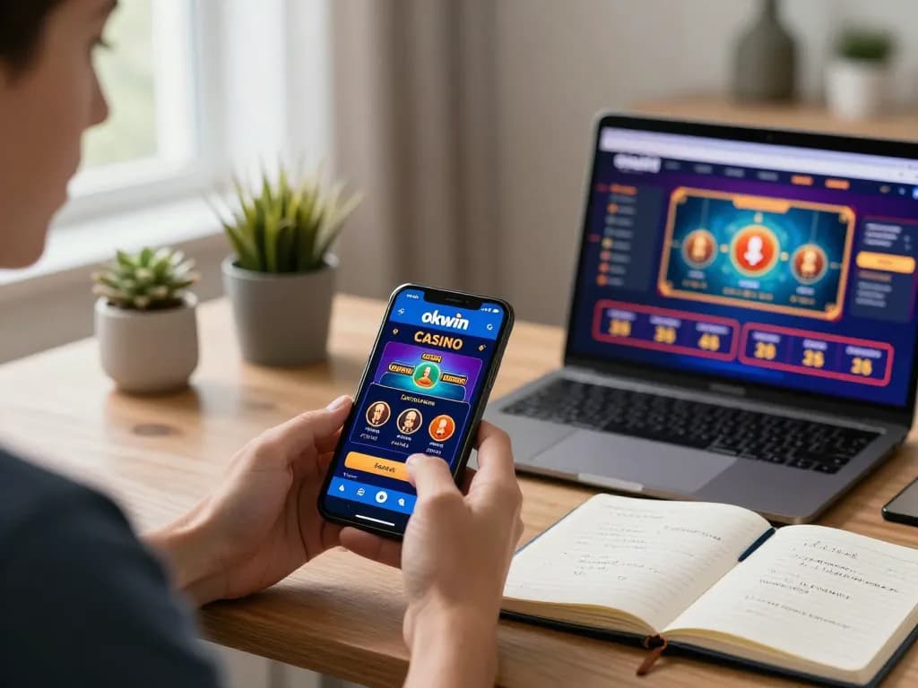 Player using the okwin app on a smartphone for engaging online casino gameplay, showcasing a vibrant home environment.