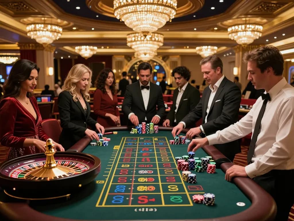 Players eagerly watching the roulette action at https://kjc.events/, engaged in a vibrant casino atmosphere.