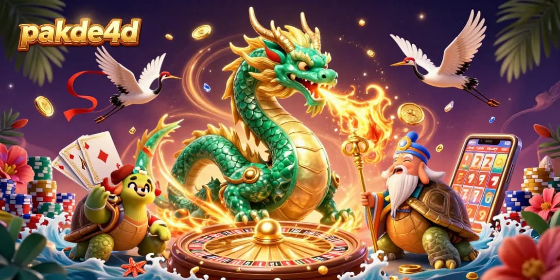 Experience pakde4d excitement with a jade dragon, lucky cranes, and casino elements in dynamic 3D illustration.