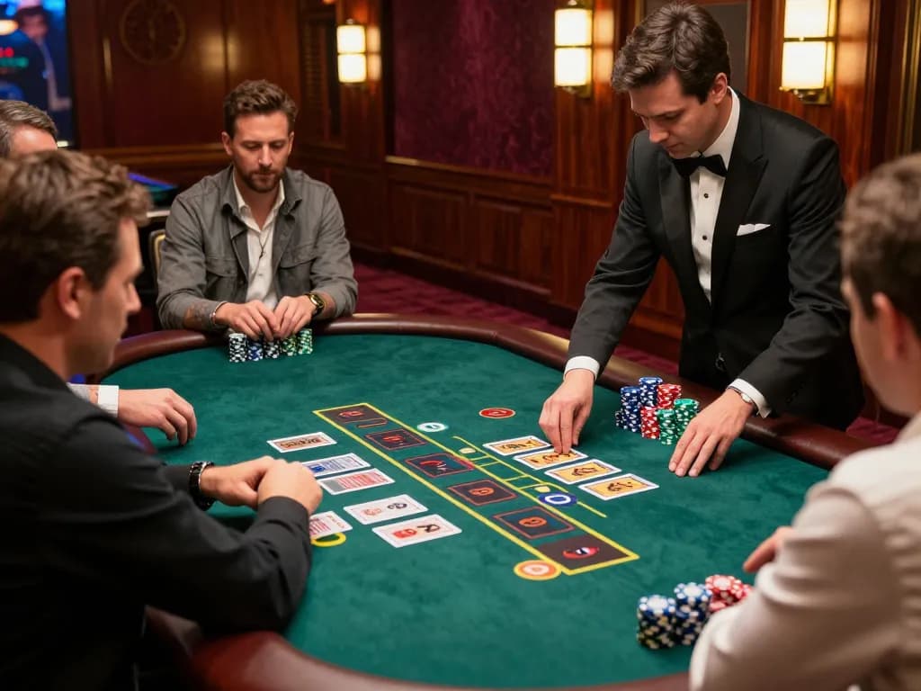 Engaging blackjack game at KP88 casino, players strategizing bets around vibrant table.