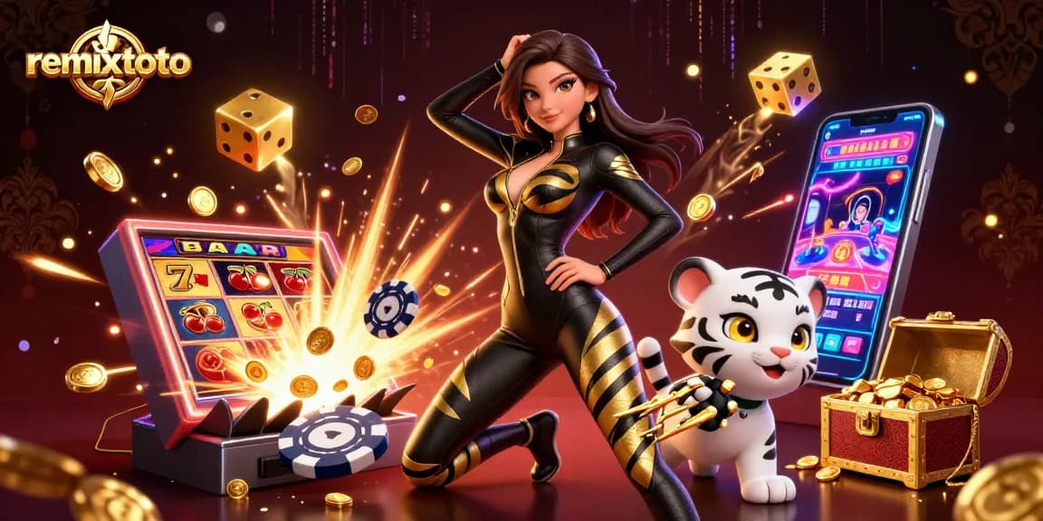 Experience thrilling gaming at remixtoto with vibrant visuals of acrobatic characters and slot machines.