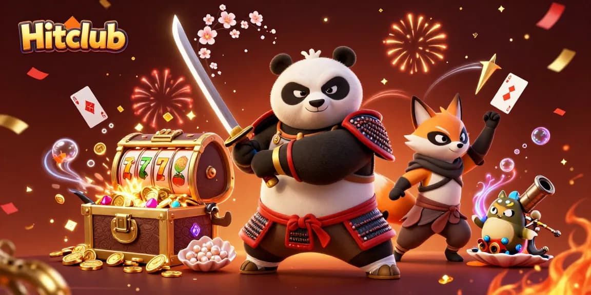 Engage in the vibrant world of Hitclub, surrounded by dynamic casino elements and adventurous characters.