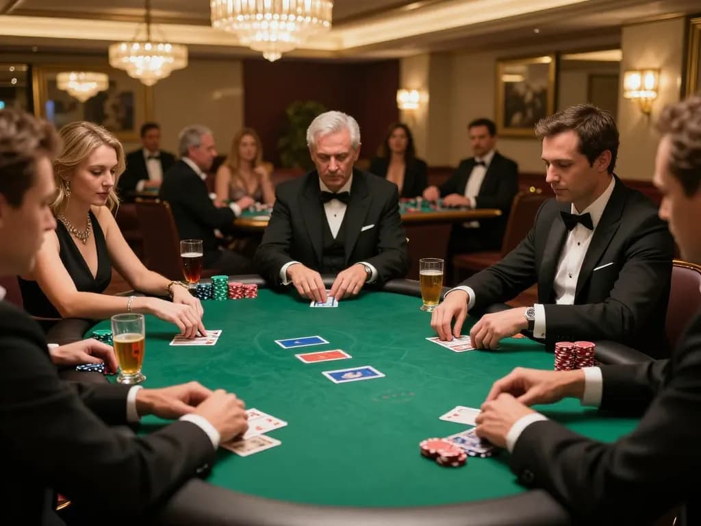 Engaged players at non gamstop casinos enjoying an upscale poker game with drinks and snacks.