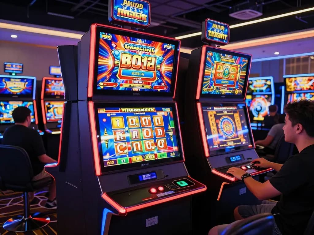 Players enjoying dynamic slot gacor games at vibrant machines in a lively online casino.