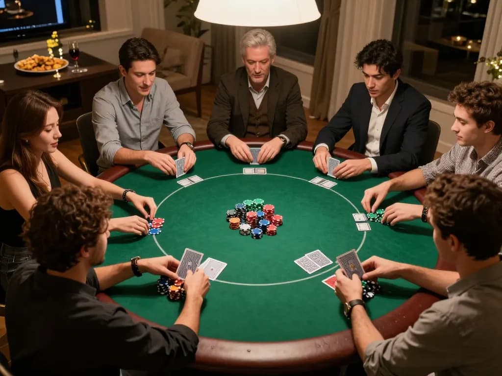 Experience intense gameplay with friends at a cozy poker night featuring nhà cái 8xbet, showcasing chips and strategy.