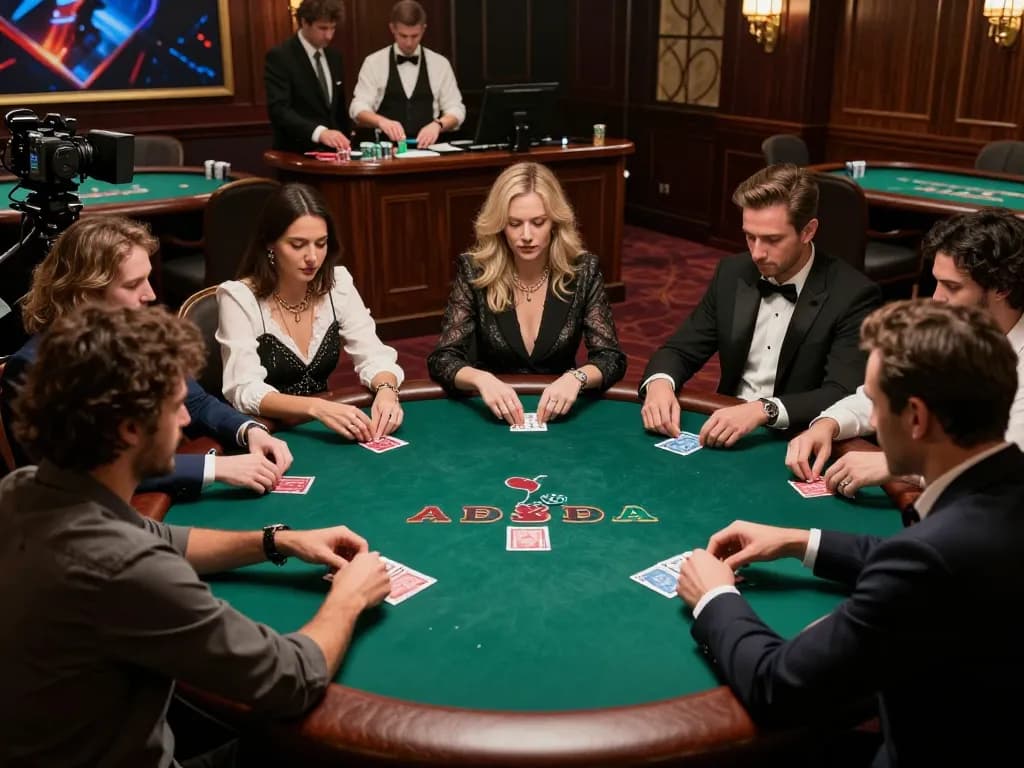 Engaged players at UU88 poker table focusing on their hands, showcasing strategic gameplay and excitement