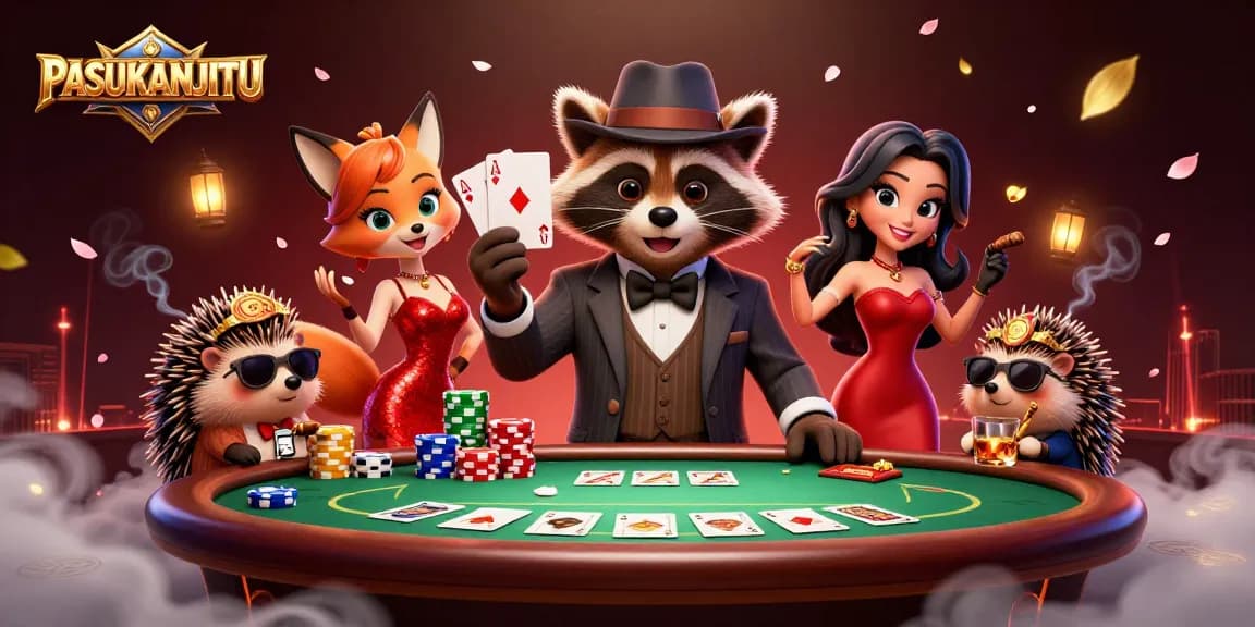 Experience thrilling wins at PASUKANJITU with a raccoon, fox, and hedgehog at a dynamic poker table.