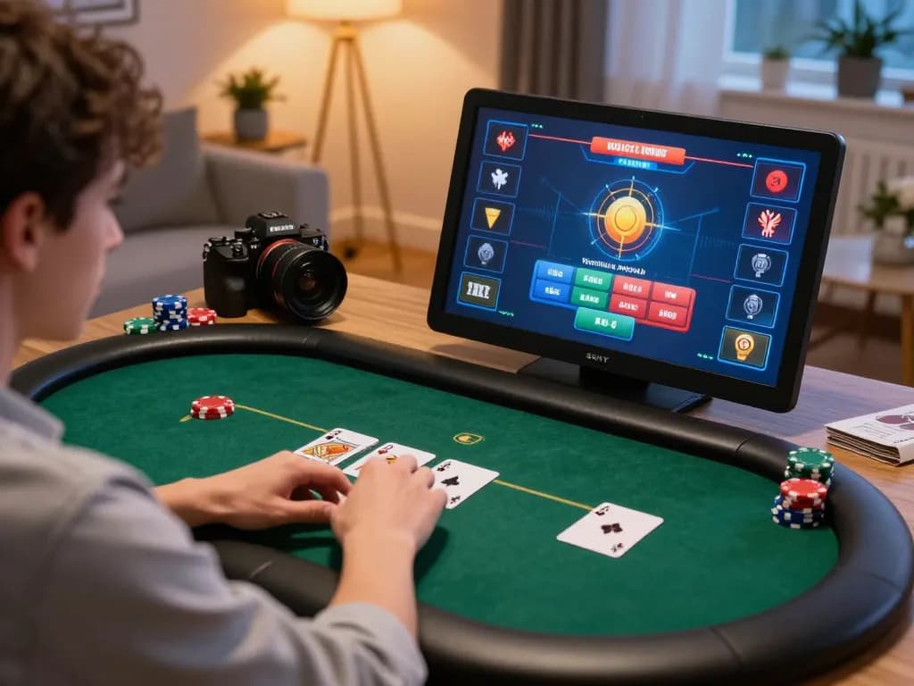 Player engaging in an exciting online poker game with cm88 displayed, showcasing strategy and action in a modern home setting.