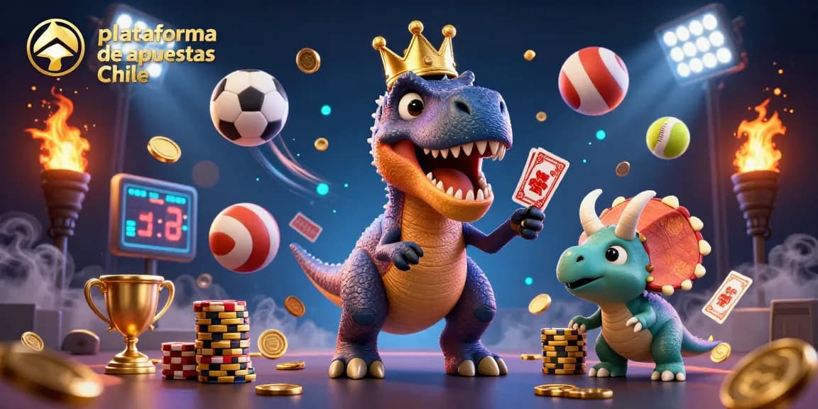 La plataforma de apuestas Chile ofrece una experiencia vibrante con un T-Rex en un casino, rodeado de premios y deportes.