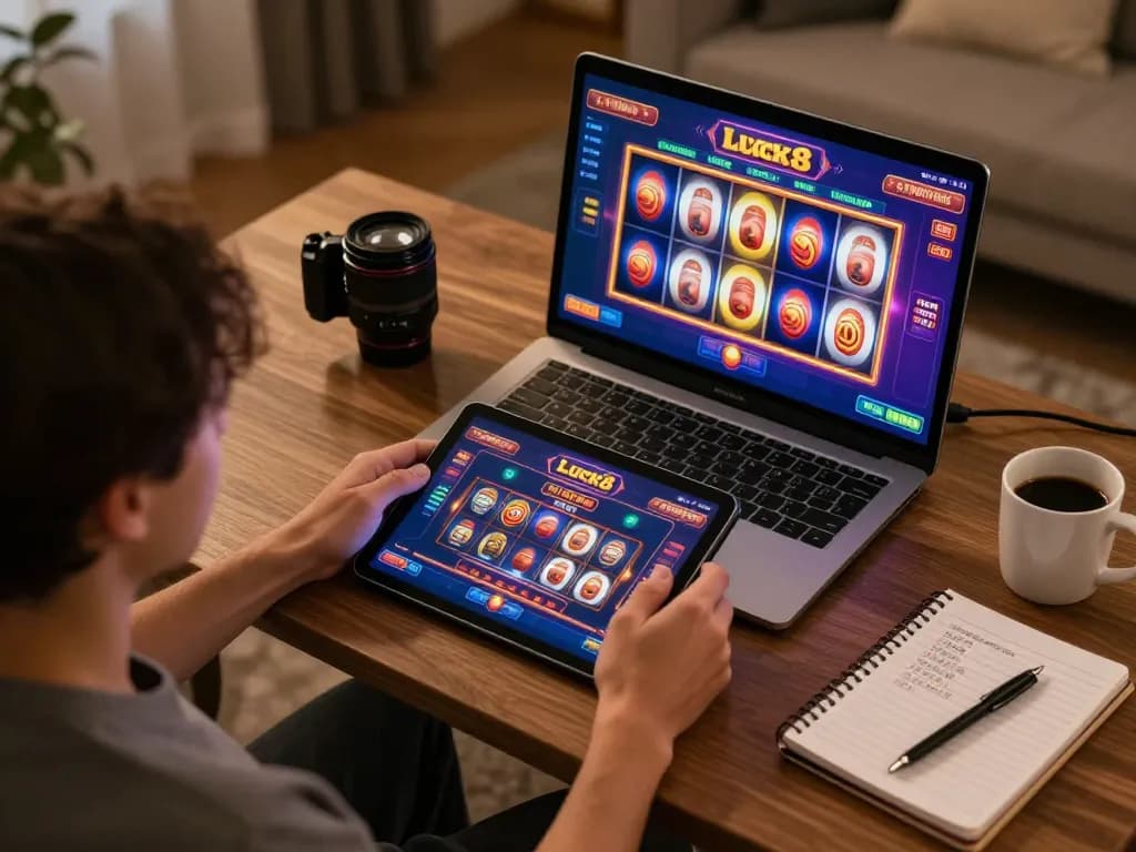 Engage with Luck8's online gaming as a player spins the reels on a tablet in a cozy setting.