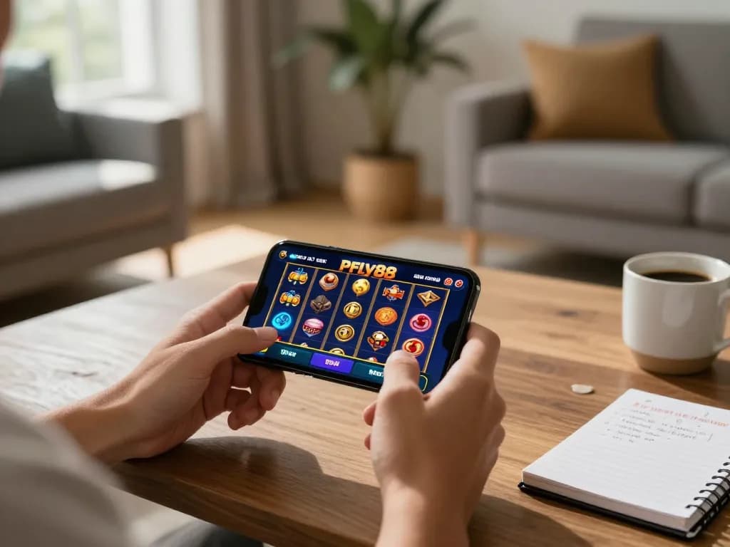 Engaging with pfly88 casino app on smartphone in a stylish home gaming setup