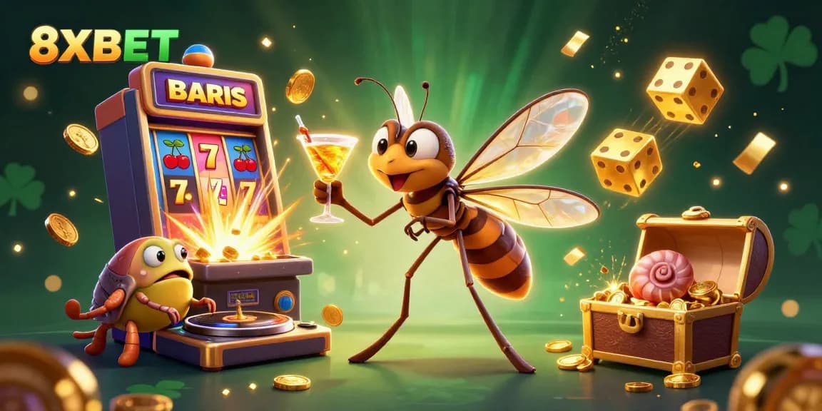 Enjoy thrilling gaming excitement with 8XBET's vibrant casino illustration featuring captivating characters and dynamic gameplay.