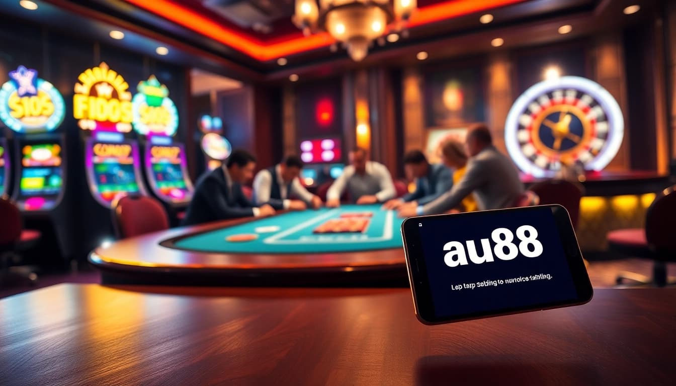 Experience the excitement of au88 at a luxurious casino scene filled with poker and vibrant slot machines.