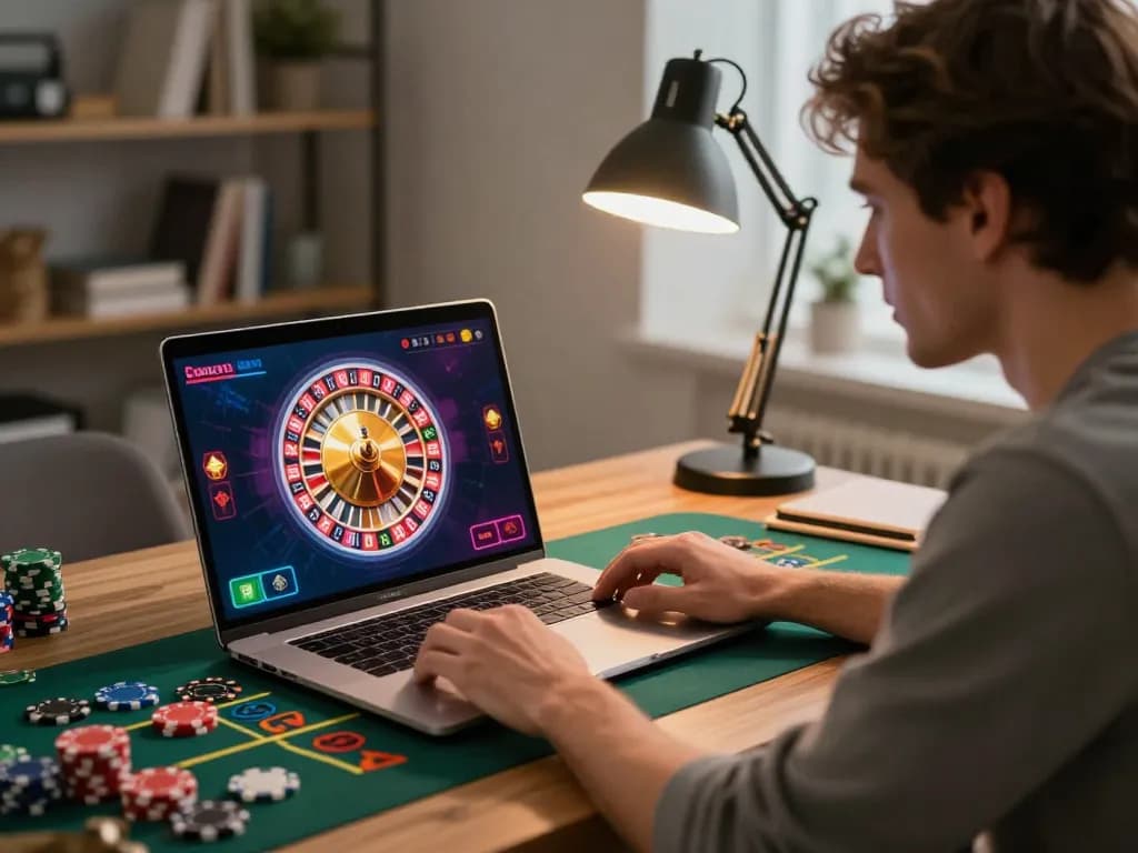 Player engaging in roulette on 32win while strategically placing bets, set in a cozy home gaming environment.