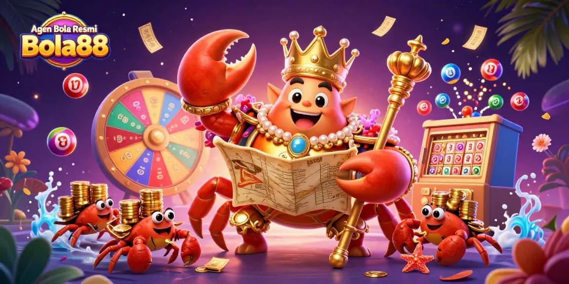 Agen Bola Resmi Bola88 showcases a golden crab emperor and lively lottery elements in a vibrant casino scene.