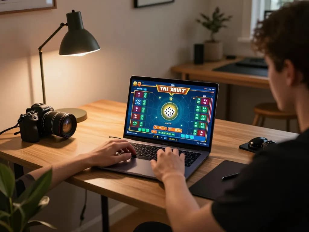 Engaging gameplay of tai xiu online on a laptop, showcasing the vibrant dice roll and betting interface.