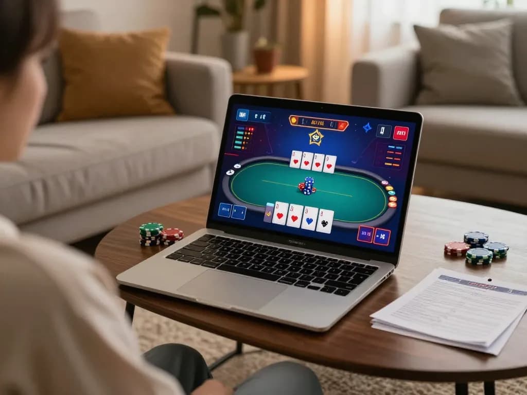 Engaging online poker gameplay on RR88 with vibrant interface and strategic notes in cozy home setting