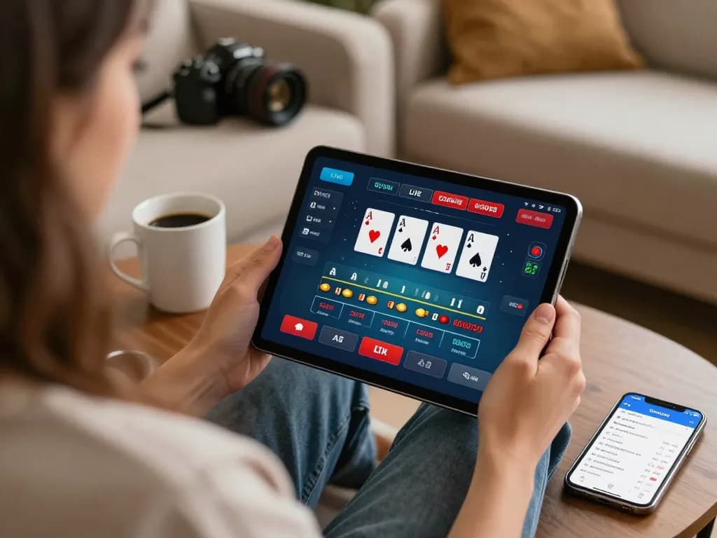 Engaged player using tablet for sky88 blackjack in a cozy home setting to enhance responsible gaming