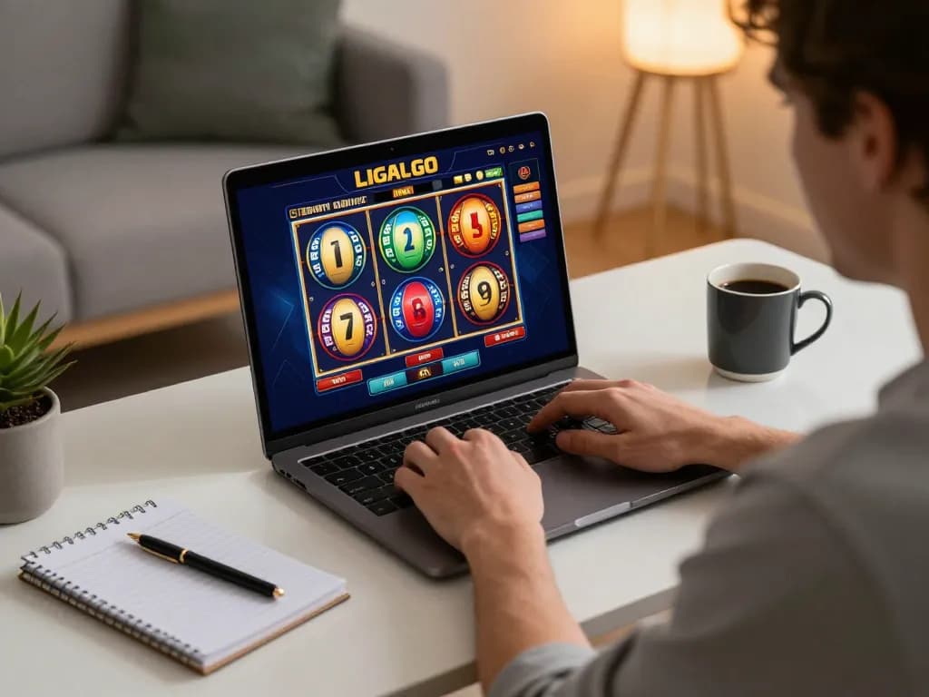LIGALGO player engaging in a vibrant online slot game session from home, showcasing user interface and gaming strategy.