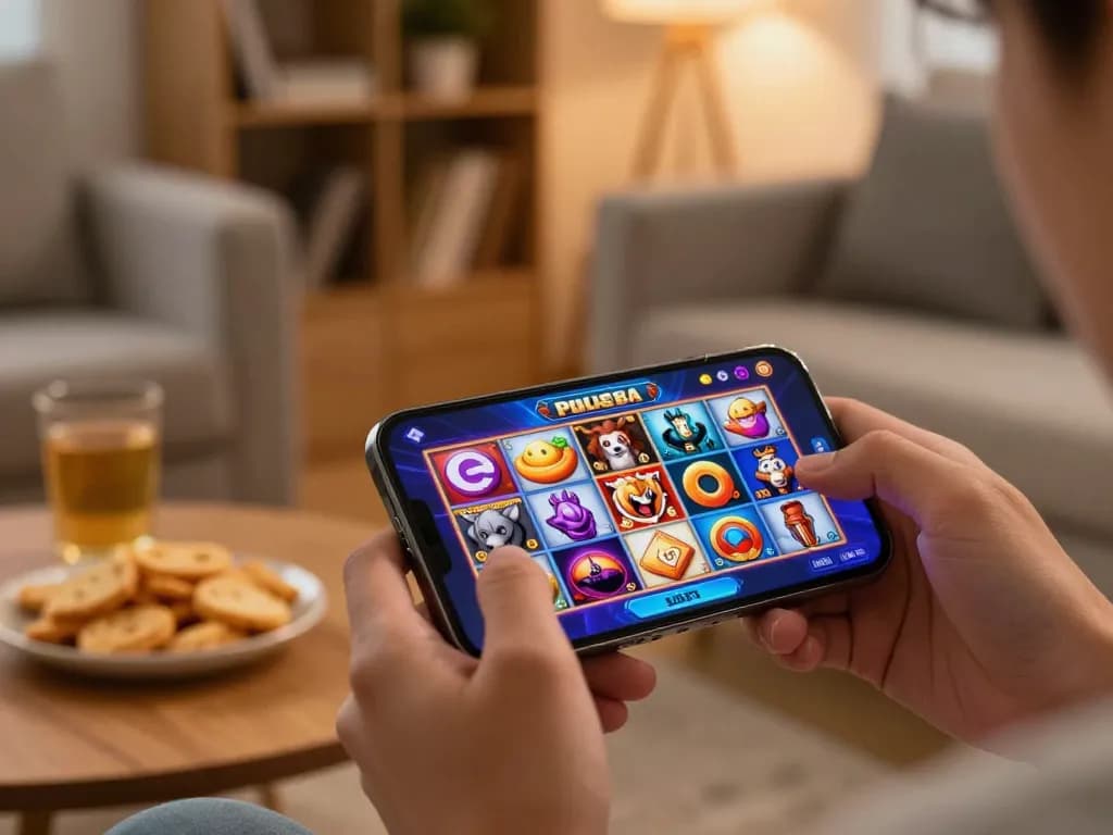 Berpartisipasi dalam permainan slot pulsa di perangkat mobile dalam suasana rumah yang nyaman.