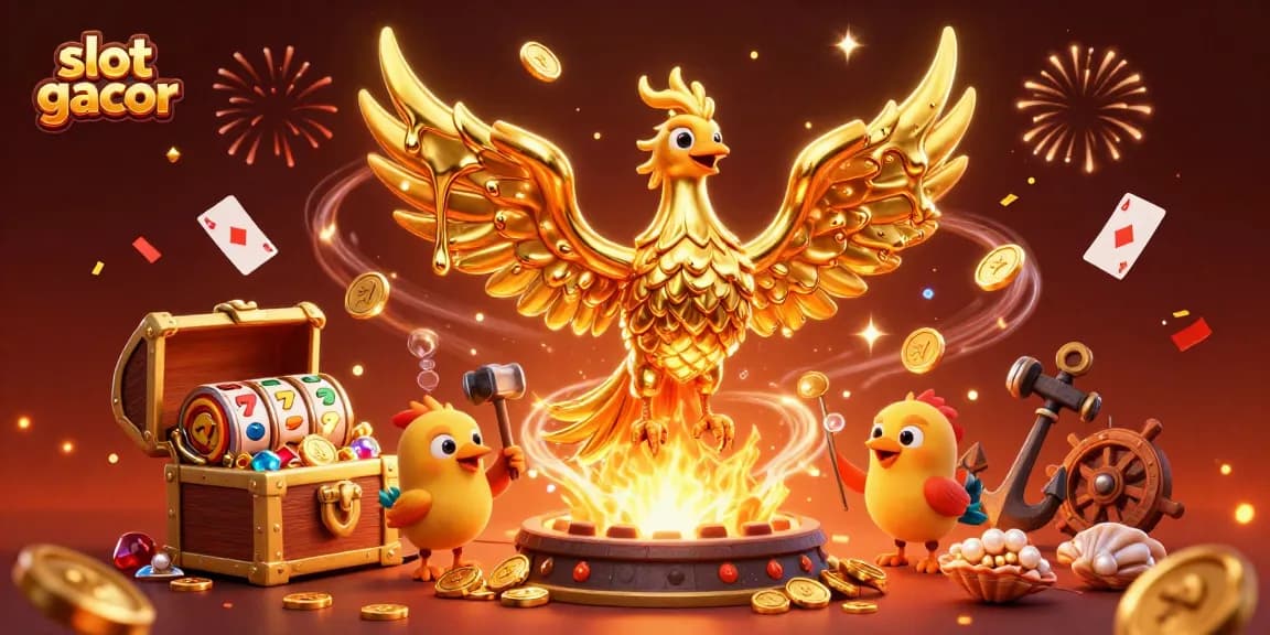 Slot gacor menghadirkan ilustrasi 3D kartun karakter permainan dengan emas dan banyak elemen kasino.