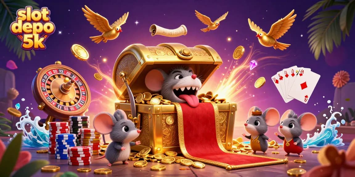 Engage with the vibrant world of slot depo 5k, showcasing colorful reels and dynamic gambling elements.