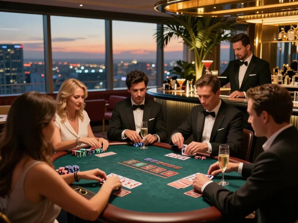 Players enjoying upscale card games at jun88 casino rooftop bar with vibrant city views.