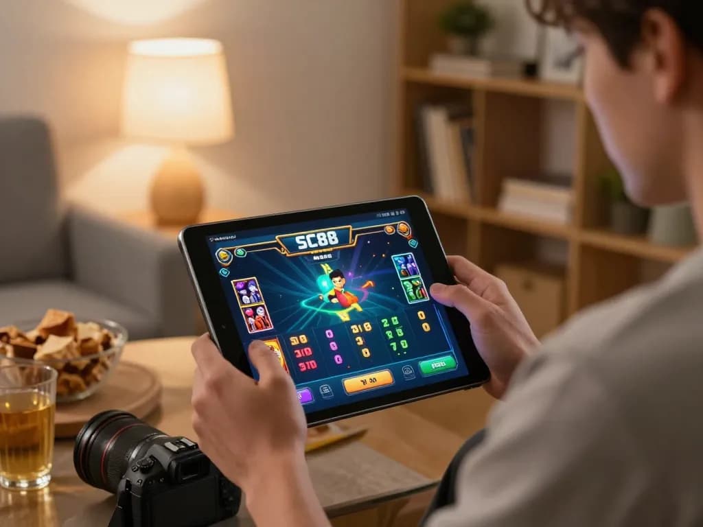Playing SC88 Game on a tablet in a cozy home setting, showcasing strategic action and relaxation.